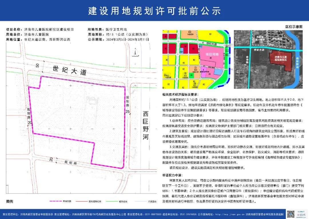 济南市儿童医院新院区用地规划公示，位置在这里
