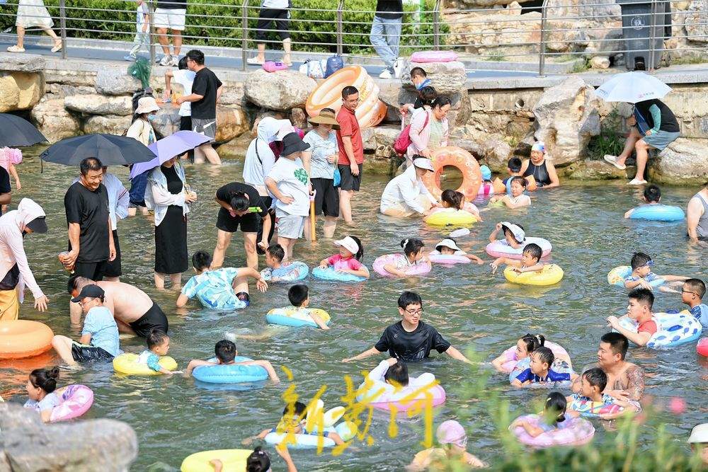 泉城中伏迎高温 济南市民小型湿地里戏水消夏