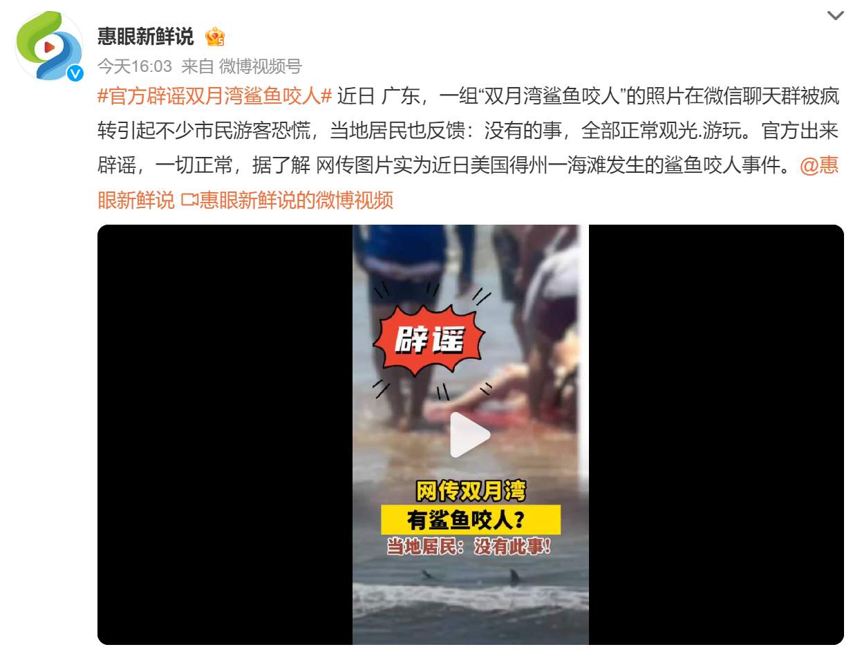真相大白！惠州双月湾有鲨鱼咬人?假的 广东网友“打假”