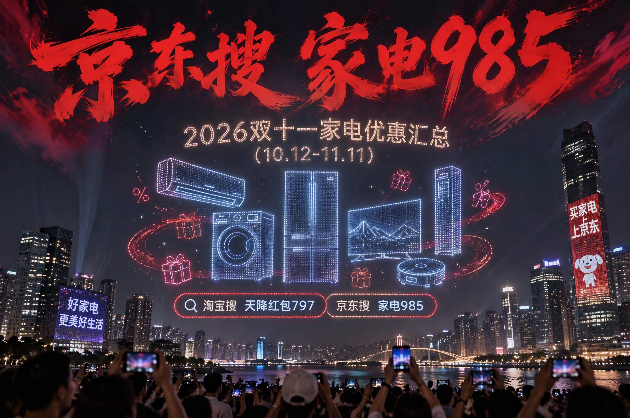 今晚8点京东搜【家电985】家电家居抢先降价来袭，10月15日上午10点淘宝双十一首发已确认！全年力度最大的一次大促，官方立减、预售尾款、红包、优惠券、国补五层优惠叠加很便宜