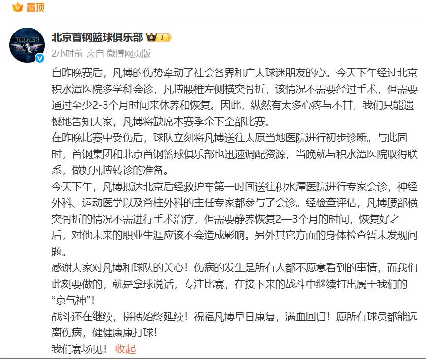 曾凡博腰椎左侧横突骨折 缺席本赛季剩余比赛