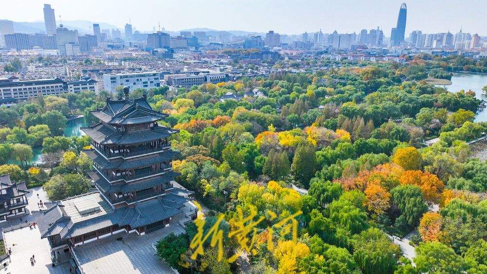 深秋济南大明湖彩叶交织 绘就泉城绝美胜景
