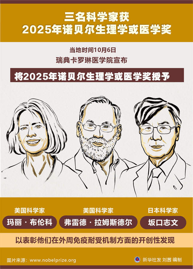 三名科学家获2025年诺贝尔生理学或医学奖
