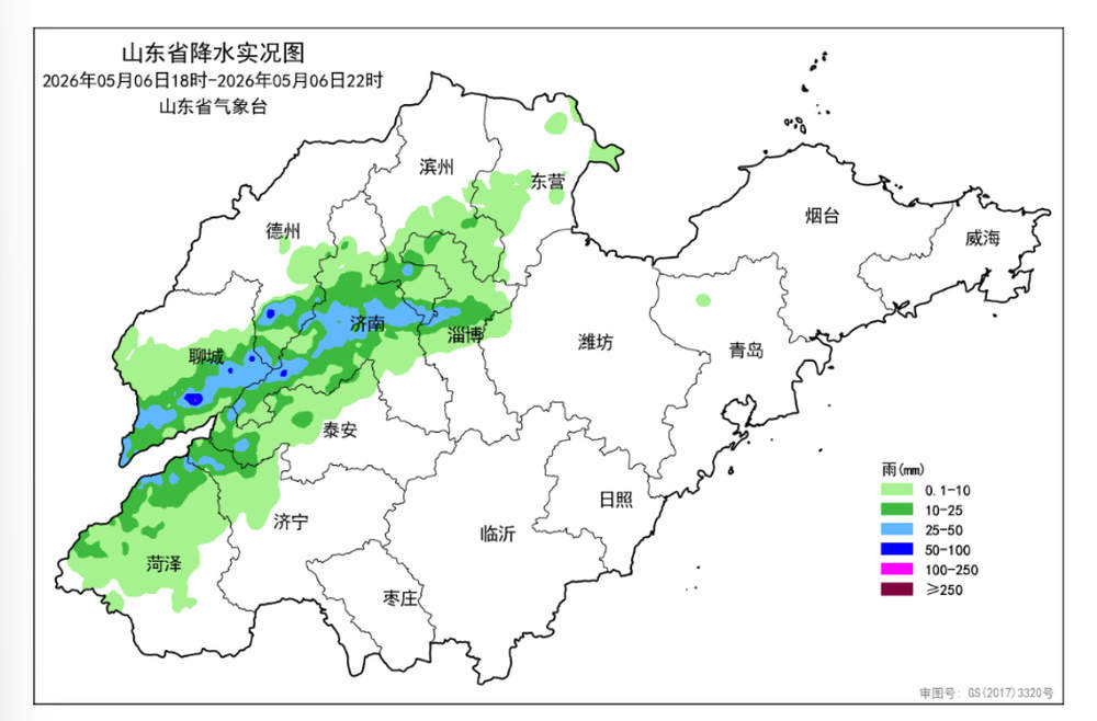 截至6日22时：山东共有10市、48县出现降雨，4市局地出现冰雹