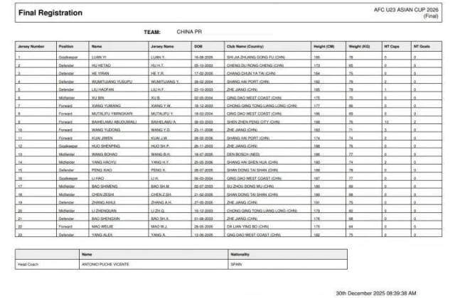 U23亚洲杯国足大名单公布:王钰栋领衔