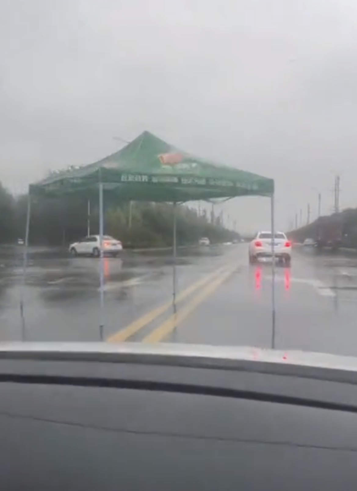 株洲一雨棚暴雨中“走”过马路，被网友笑称“有棚子远方来”，拍摄者：它越黄线加塞