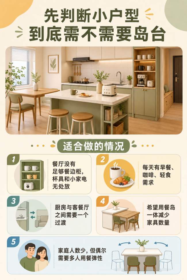 小户型可以放岛台吗？尺寸、通道、储物和餐桌替代方案