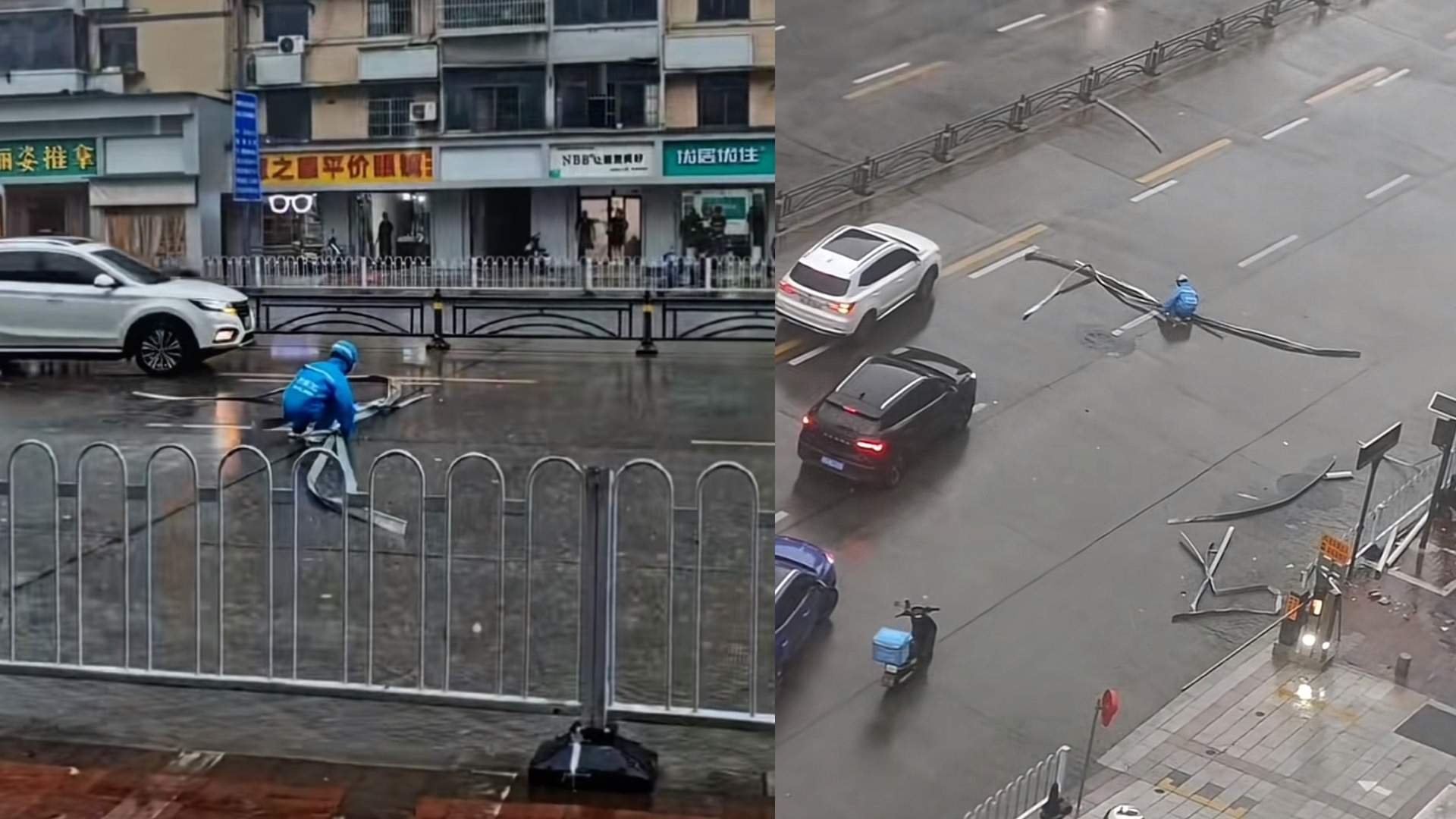 宜昌一外卖小哥顶风雨独自清理道路路障被爆赞,目击者:我还在犹豫他已经停车清障了