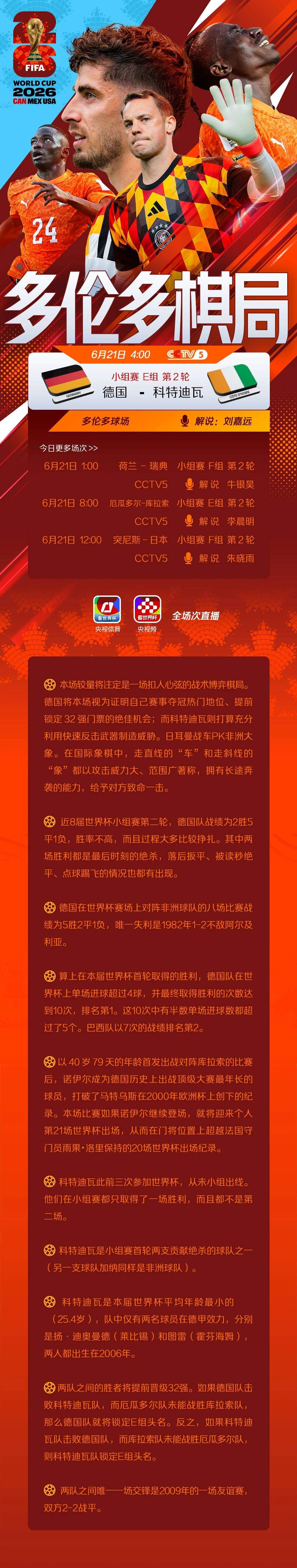 战术对弈！德国明日对阵科特迪瓦 胜者将提前小组出线