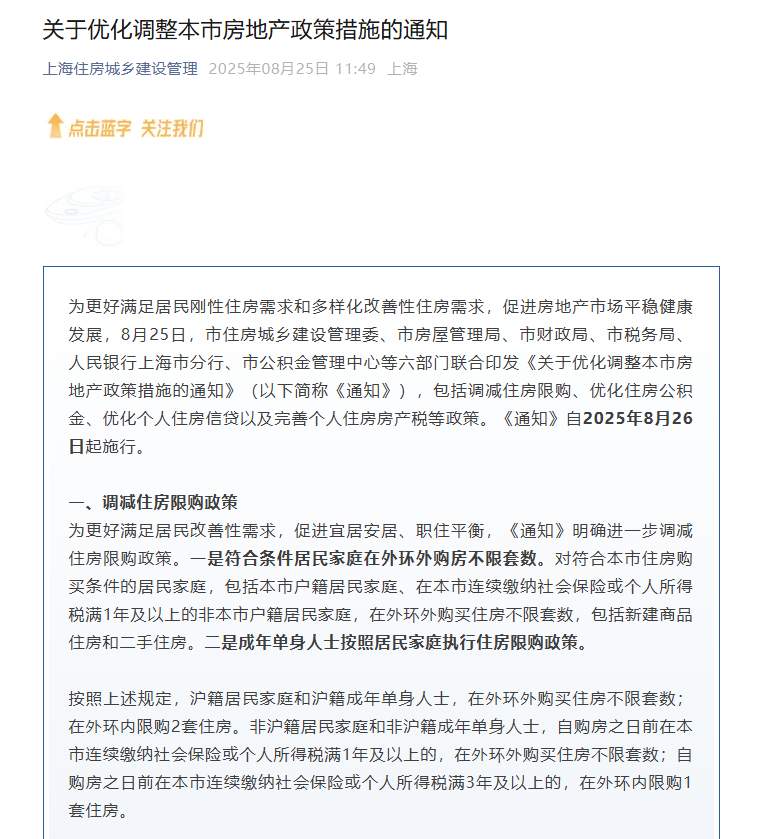 上海优化调整房地产政策：符合条件居民家庭在外环外购房不限套数