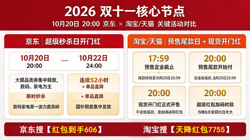 2026淘宝京东双十一10月20日晚8点：红包加码和五折专场撞在同一分钟，先做哪个