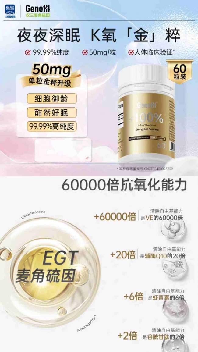 麦角硫因哪个品牌好？2026科学攻略： 解析GeneIII仅三卫健委备案功效复配细胞级抗衰实证