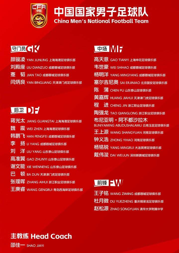 国足公布30人集训名单：布尼亚明、赵松源等新人入选