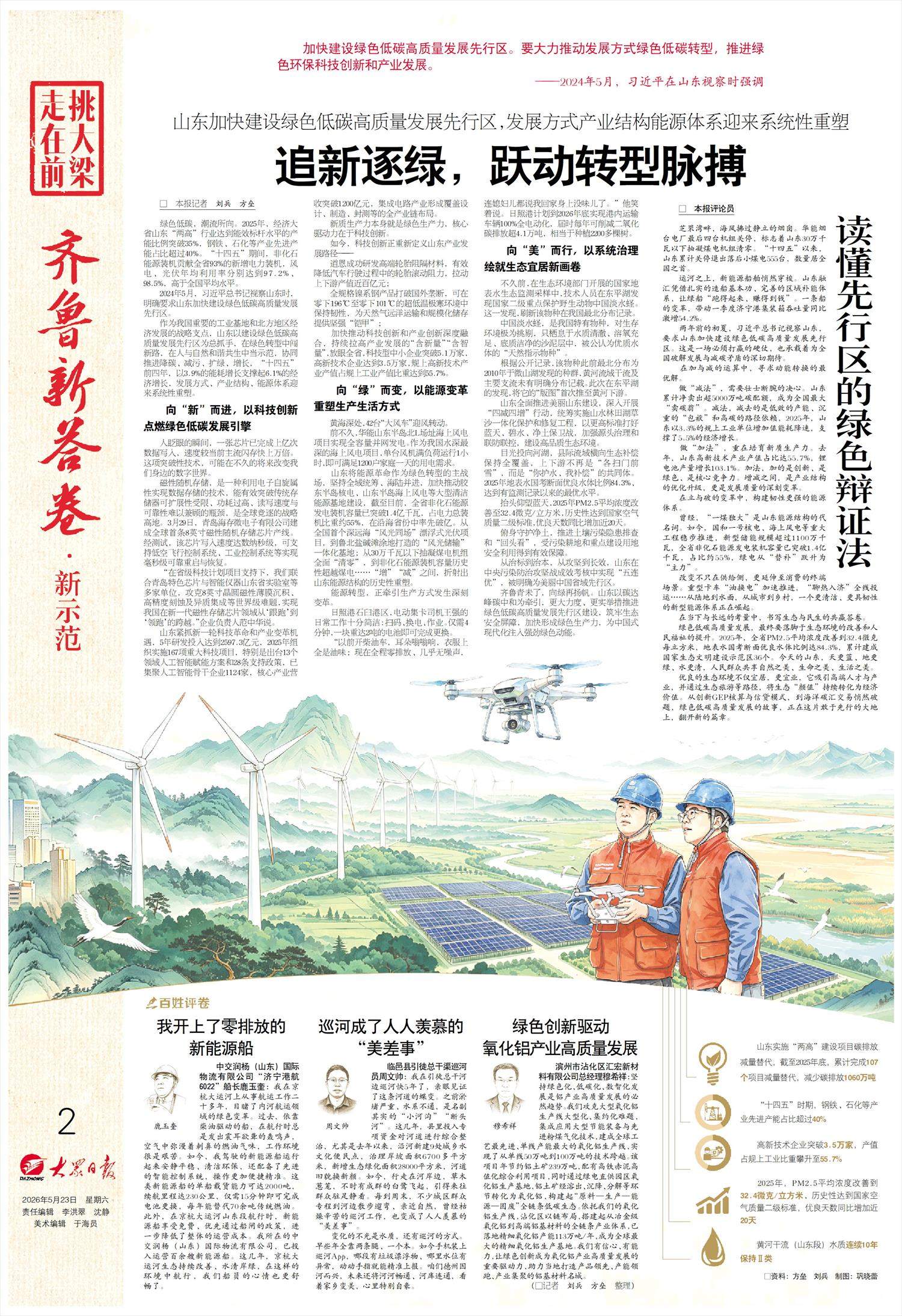 山东加快建设绿色低碳高质量发展先行区，发展方式产业结构能源体系迎来系统性重塑 追新逐绿，跃动转型脉搏