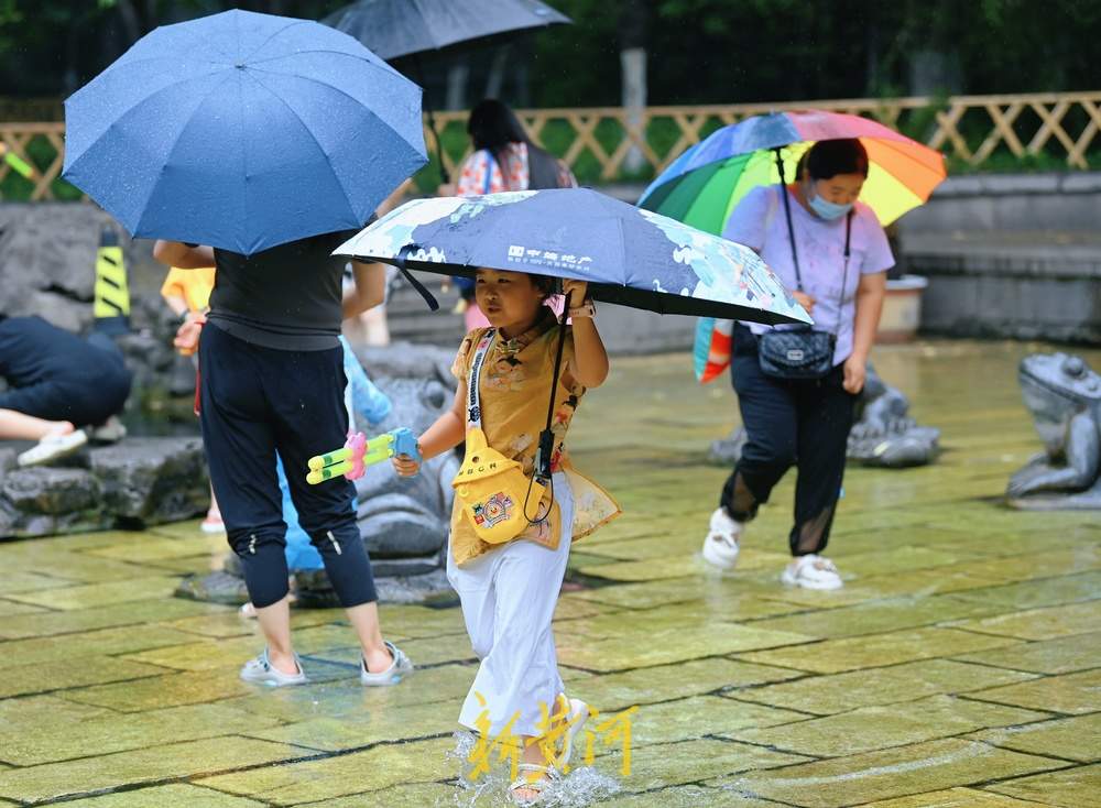 雨中戏水，别有童趣
