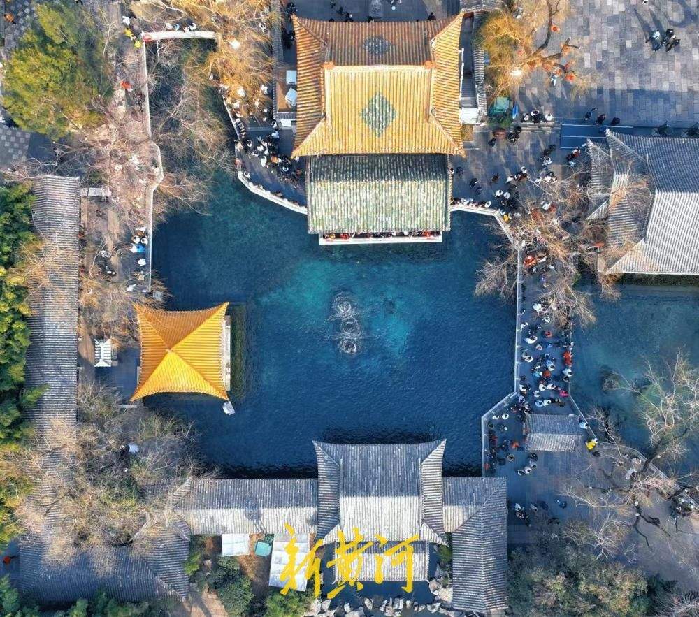 高空俯瞰趵突泉，水涌若轮、生机盎然