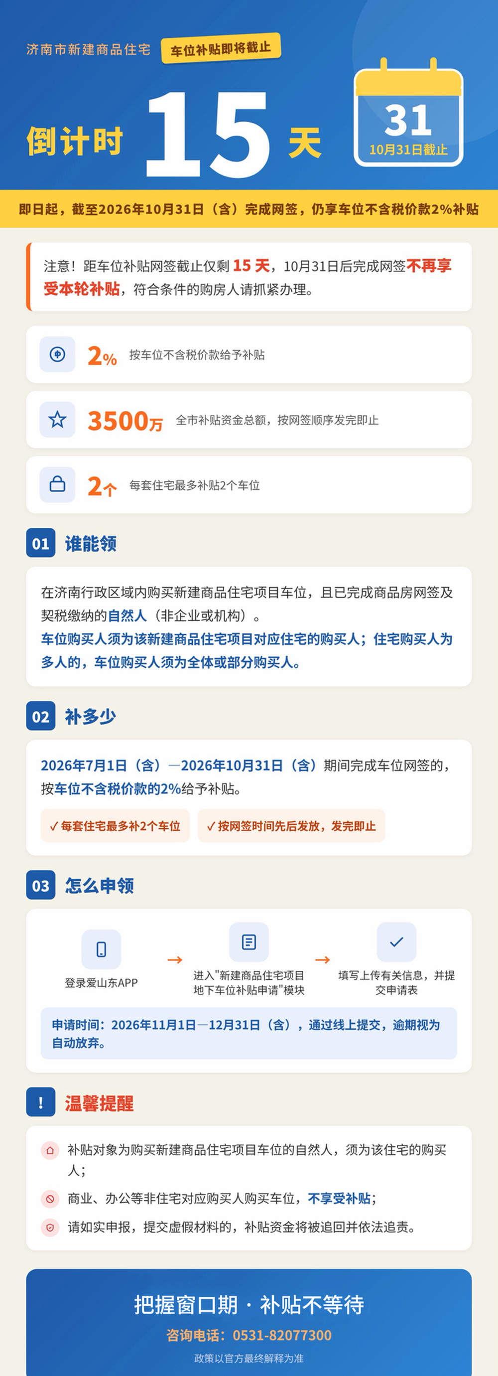 济南市车位补贴进入倒计时，31日前购买仍享2%补贴