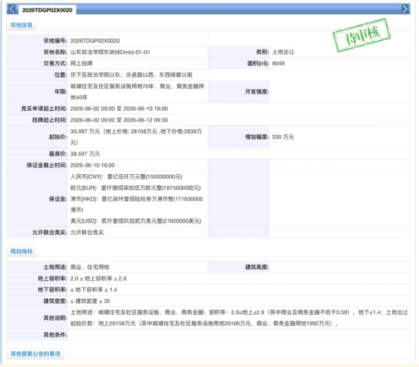 山东政法学院东地块溢价成交 楼面成交价14708元/平方米