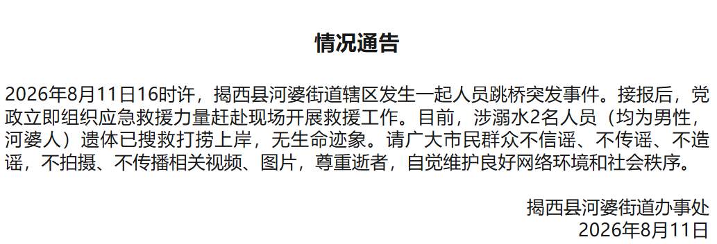 广东揭西县通报人员跳桥事件