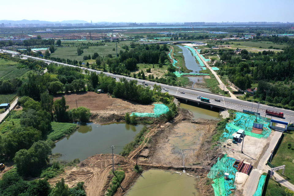 航拍济南起步区大寺河治理工程，将建成美如玉簪的景观河