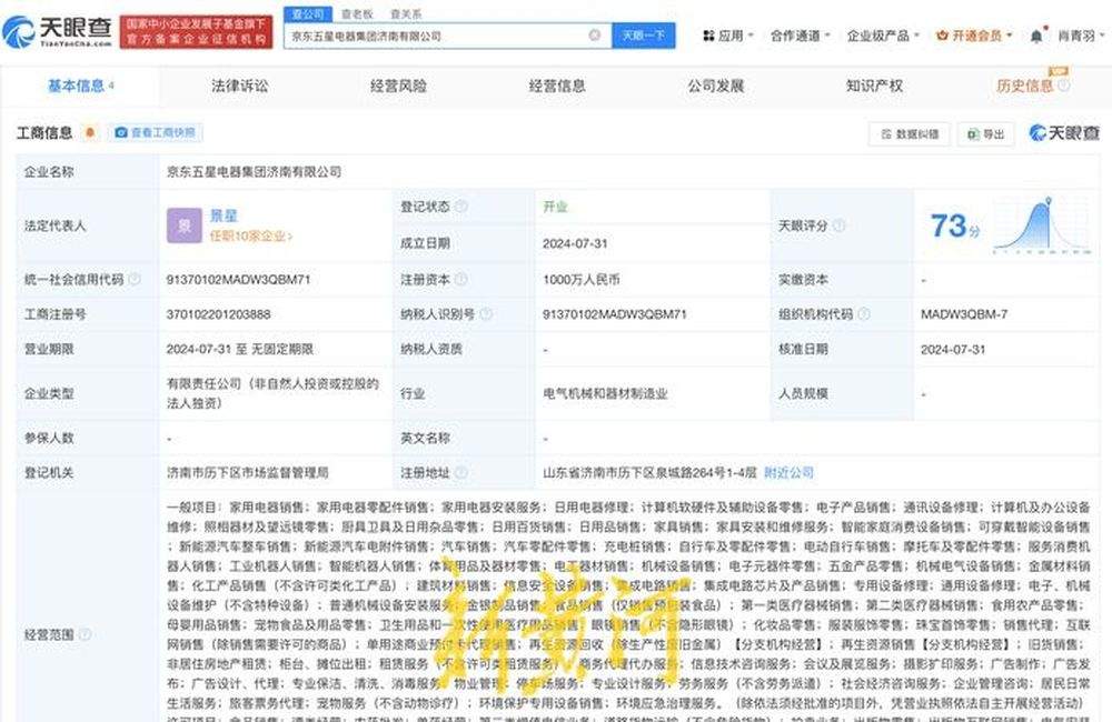 京东五星电器在济南成立新公司，注册地为国美电器旧址