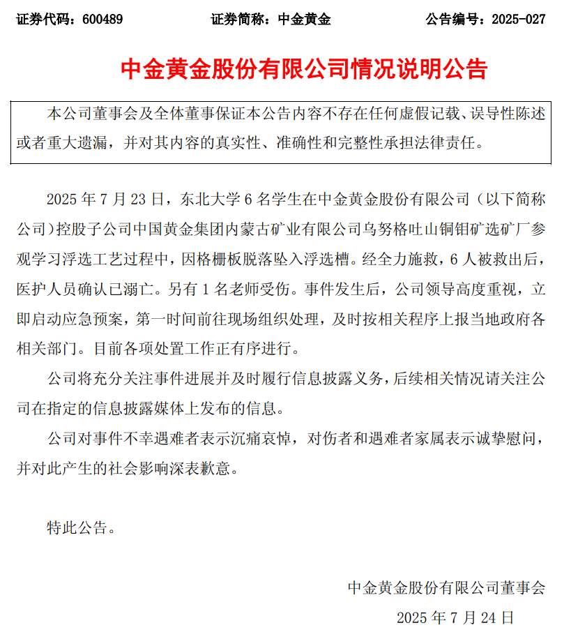 6名大学生不幸遇难，中金黄金发布公告
