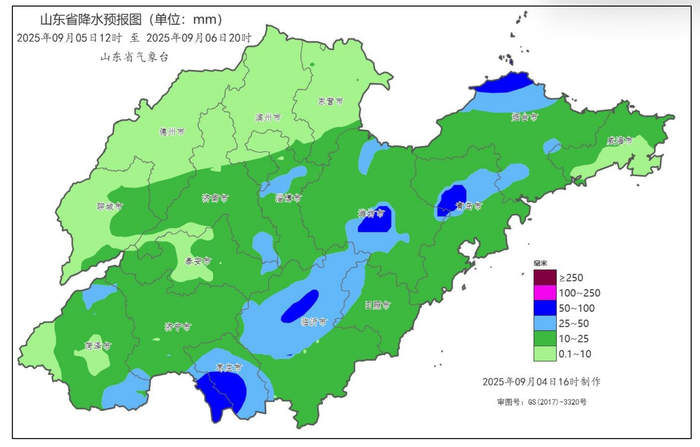 5日中午到6日白天山东自西向东有一次明显降雨过程